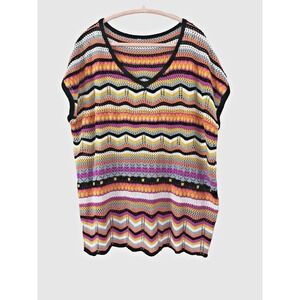 Womens Multicolor Medium Top V-Neck Festival Crochet Open Knit Boho Oversized